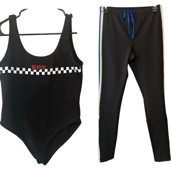 Forever 21 Black Checkered Bodysuit and Leggings Set, EUC - Picture 1 of 8